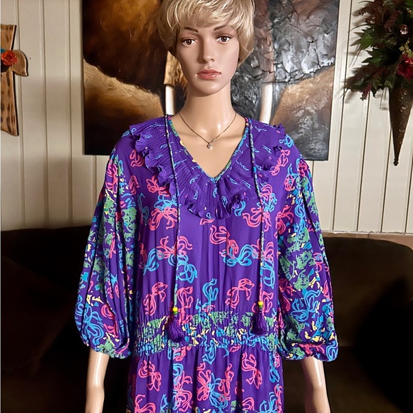 Diane Freis • Vintage • Large • Purple/Pink W/ Ribbon Design~Ruffles/Tie • Dress - Picture 8 of 15